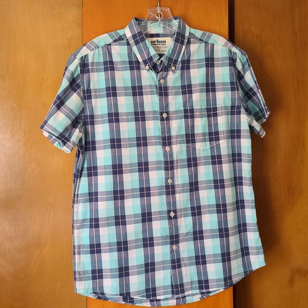 Mens Urban Pipeline SS Button-down Plaid Shirt Medium Blue Casual Everyday